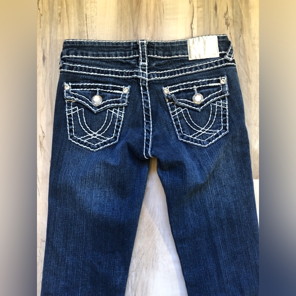 Vintage Y2K LA Idol Jeans 3 Low Rise Bootcut Rhinestone McBling Dark Wash 27 28"